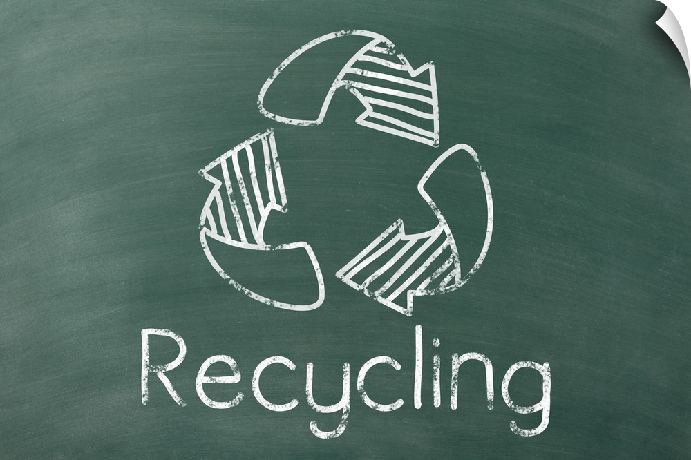 Recycling symbol with "Recycling" written underneath in white on a green chalkboard background.