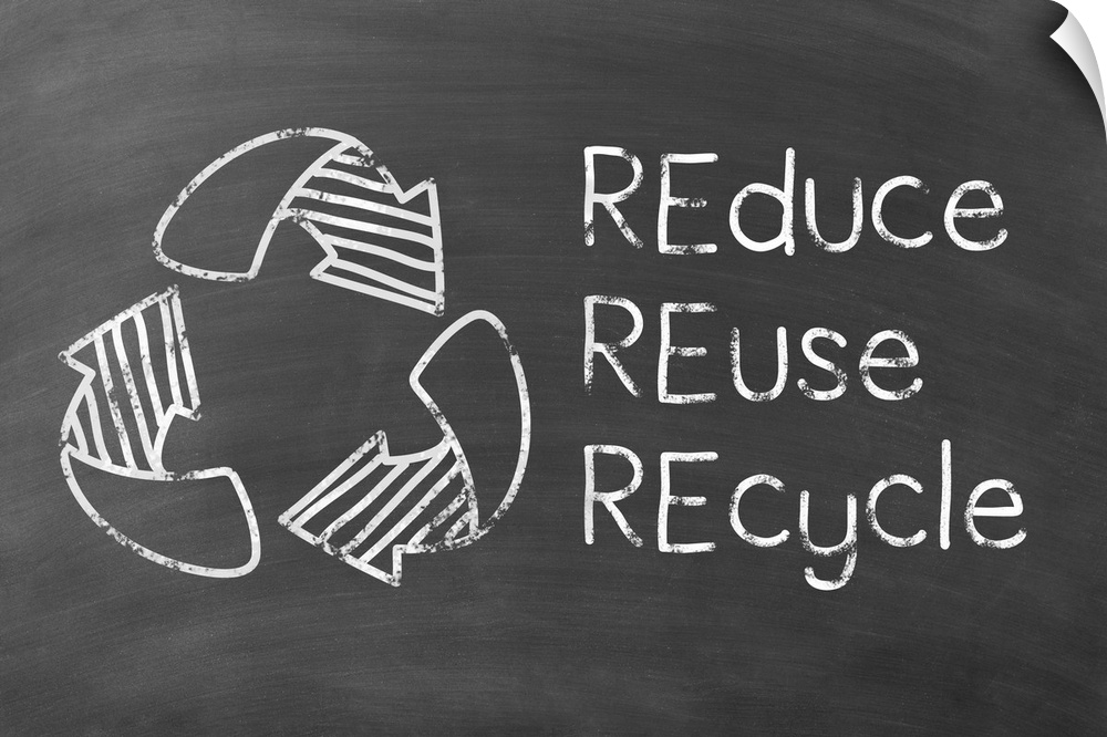 REduce REuse REcycle and the recycling symbol written in white on a black chalkboard background.