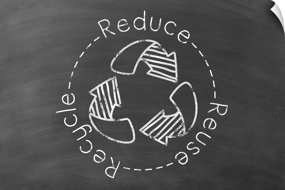 Reduce Reuse Recycle written in white in a circle around a recycling symbol on a black chalkboard background.