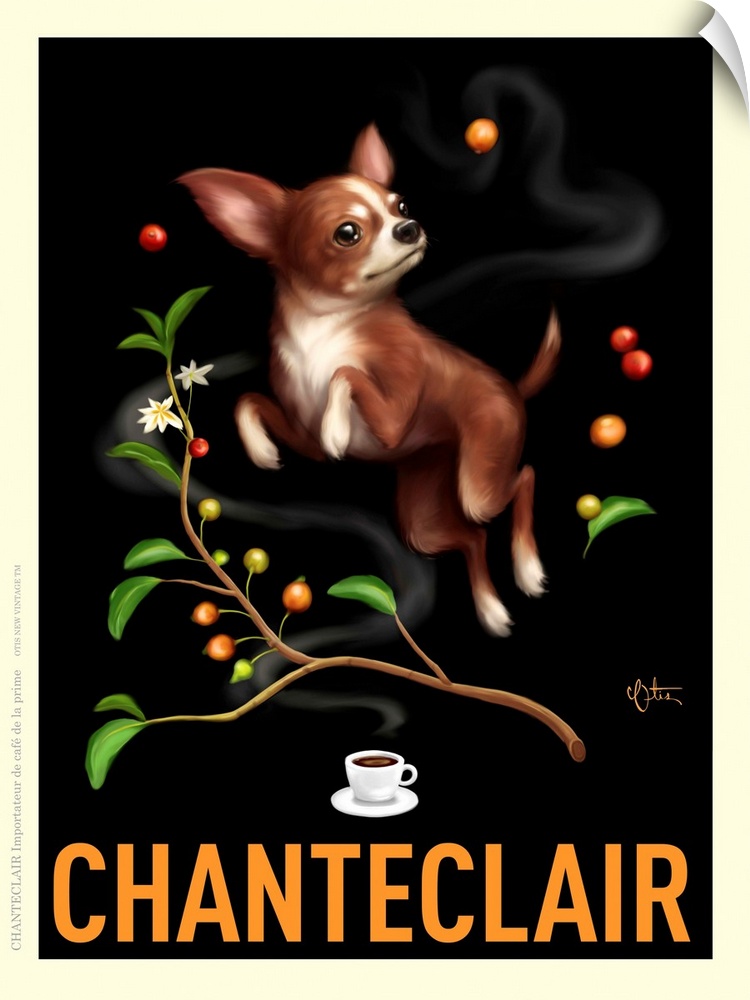 Retro style advertising poster featuring Chihuahua with coffee branch