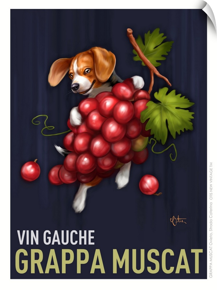 Retro style advertising poster featuring Beagle with French Wine Grapes