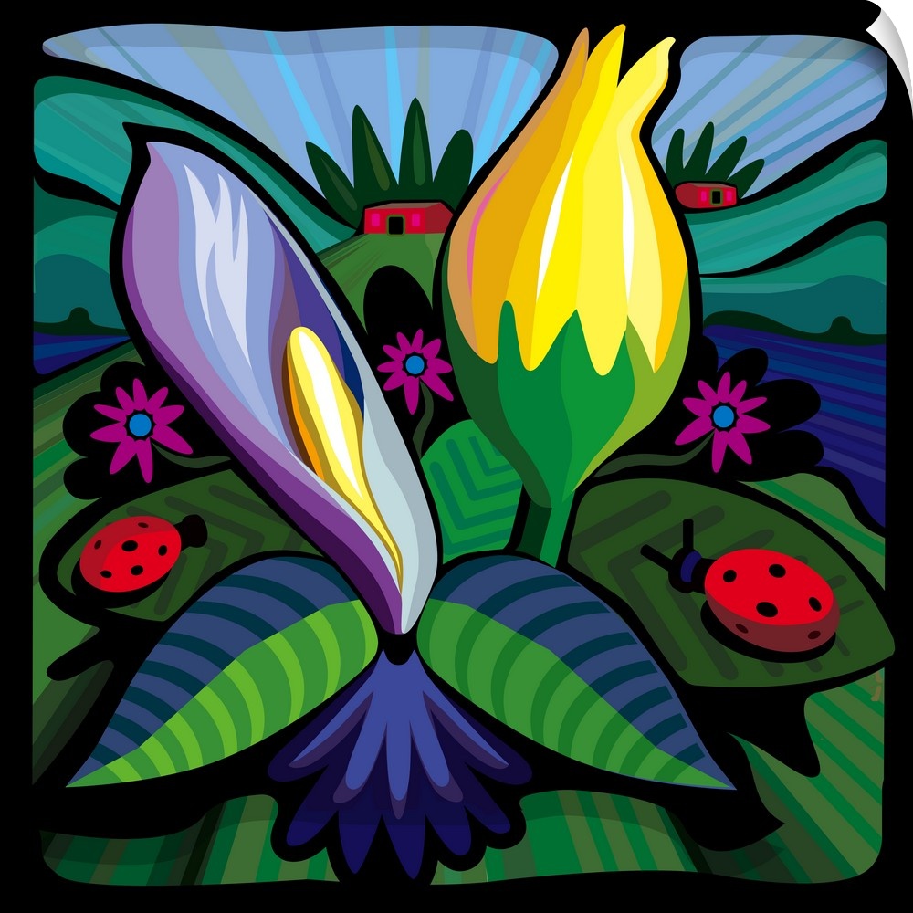 A square digital illustration of a blooming flowers with ladybugs.