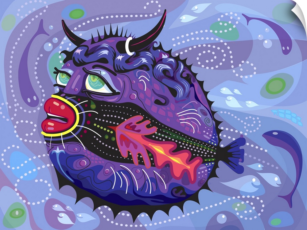 Tropical Bull Fish Illustration on swirling underwater background.
