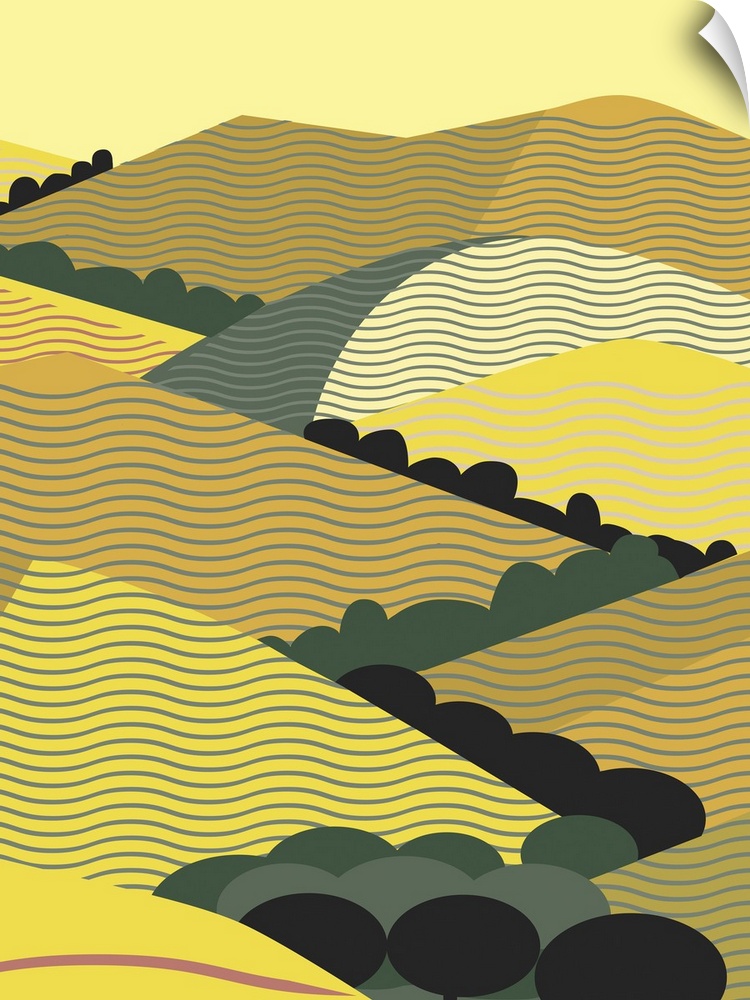 Vertical illustration inspired by coastal California hills in yellow.