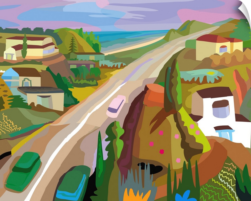 Road, cars, houses, green hills, and ocean combine for fresh, morning air coastal landscape.