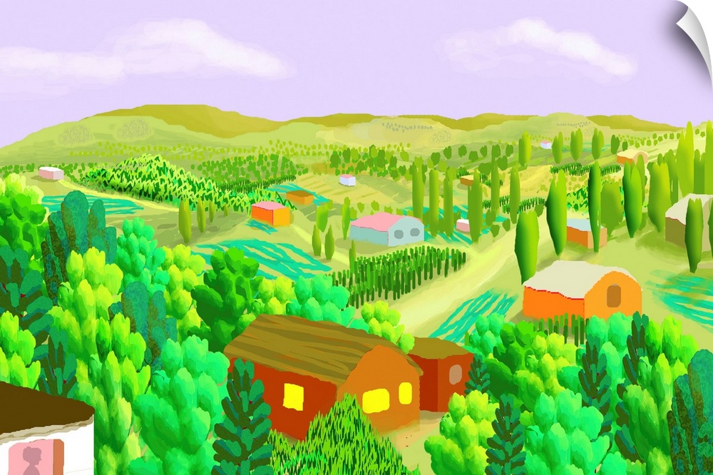 Country scene with cabins and farms.