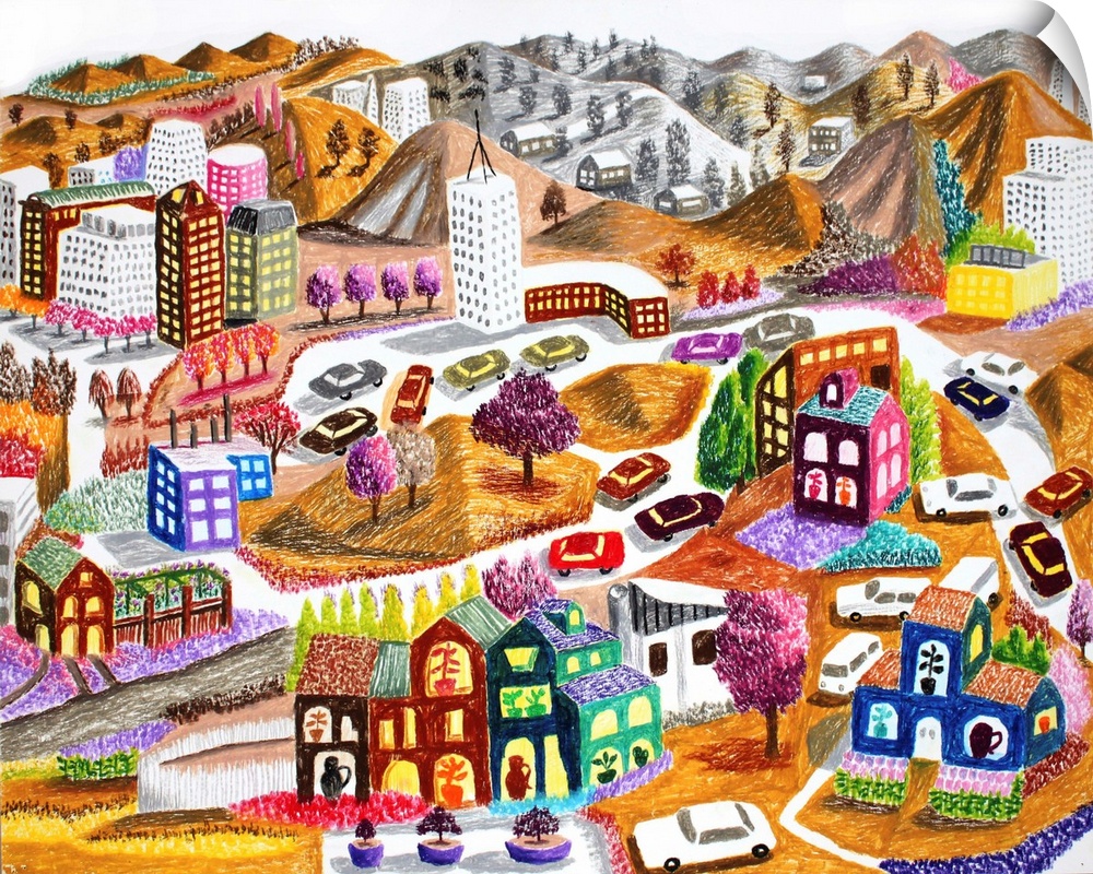 Light hearted childlike view of imaginary garden setting city from bird's eye view made in brightly colored oil pastels. B...