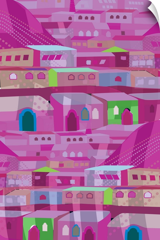 A vertical illustration of rows of houses  in various shades of bright pink with accents of green.