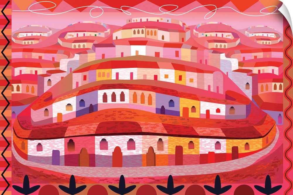 A digital illustration of a village with rows of houses along a hill side in warm shades of red.