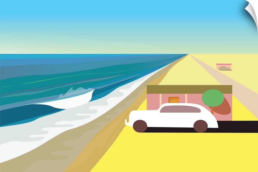 A horizontal digital illustration of a beach with a single house and a parked car.
