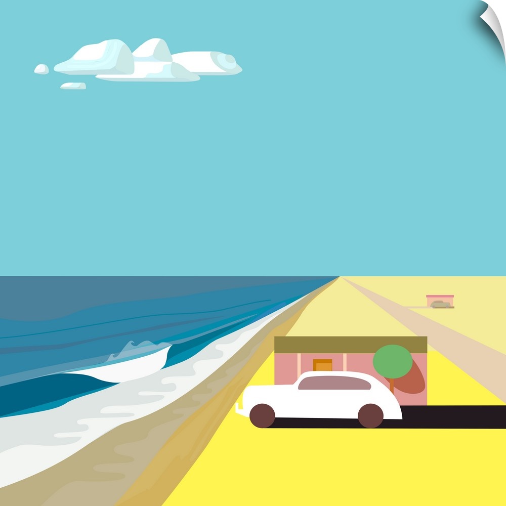 A square digital illustration of a beach with a single house and a parked car.
