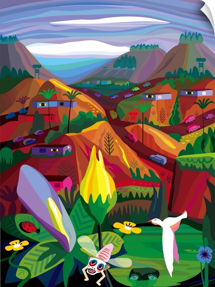 A colorful illustration of a country landscape with cars driving throughout the hillside and vibrant flowers in the foregr...