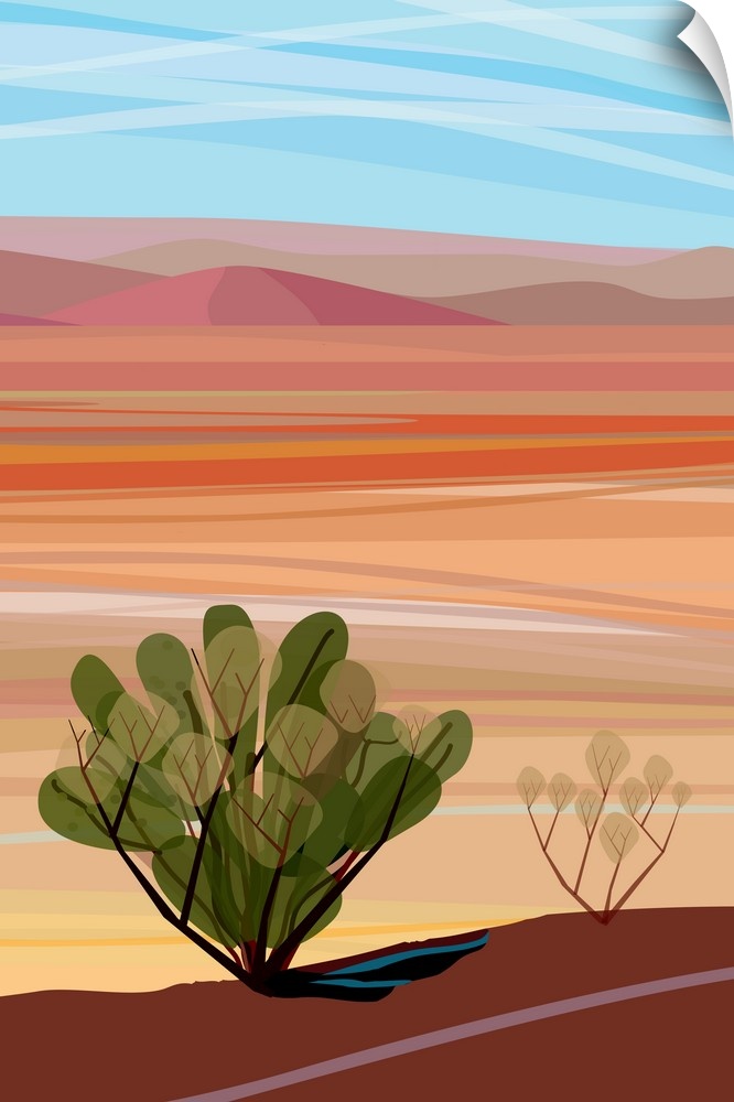 A vertical digital illustration of cacti in the Mojave Desert with rolling desert hills in the background.