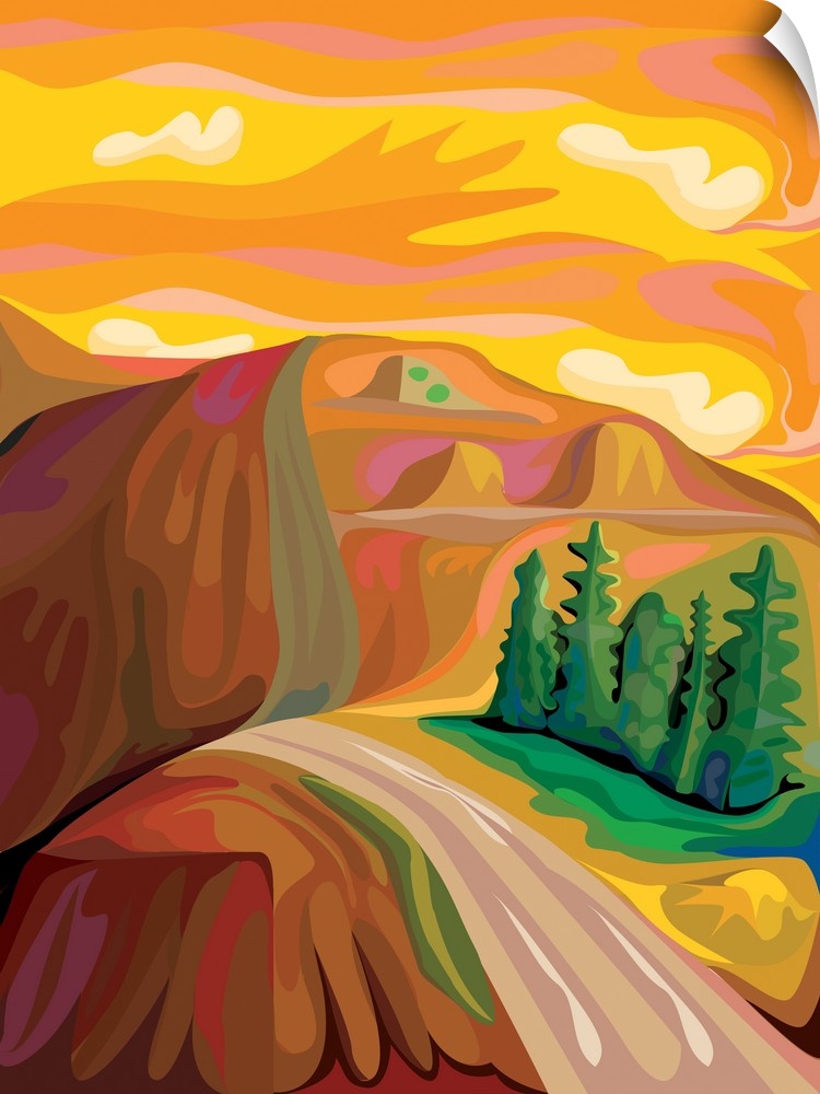 A vertical illustration of a road along a mountain with a vibrant yellow and gold sky.