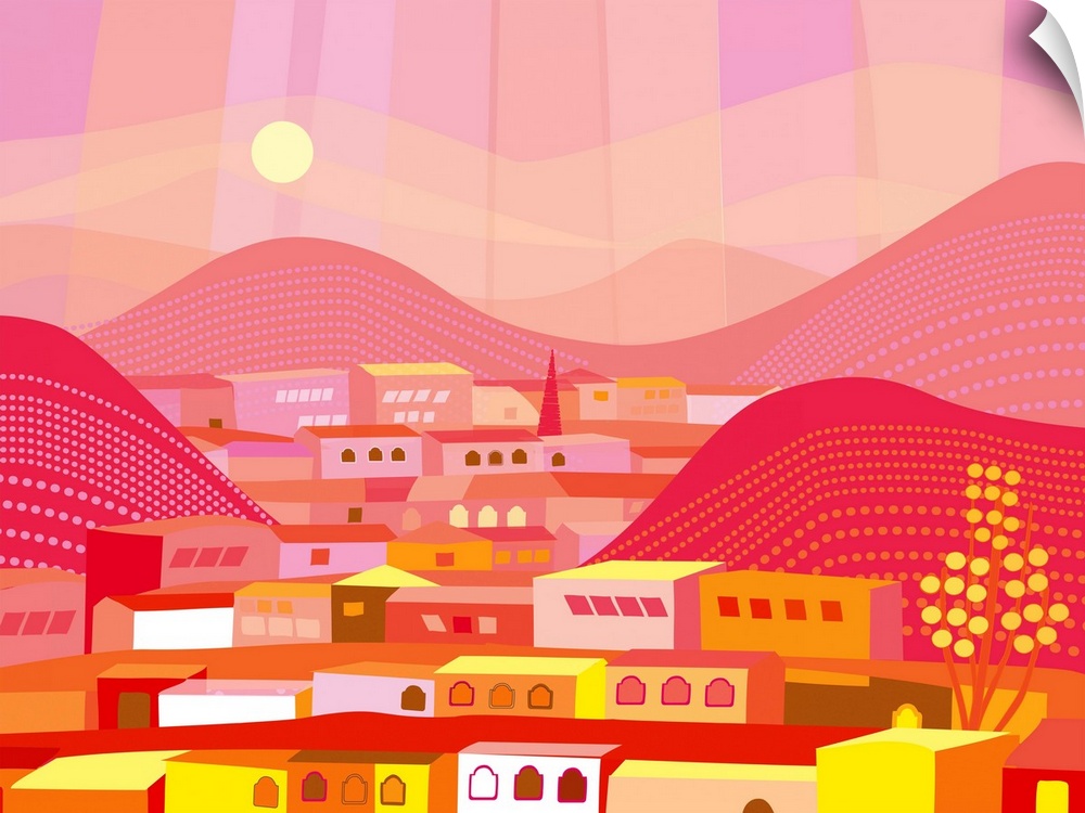 Brightly colored and abstract impression of mountain town in Mexico.