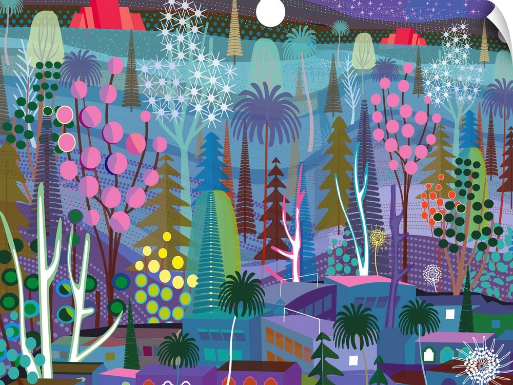 Forest and town at night with red pyramids in distanceIllustration and painting