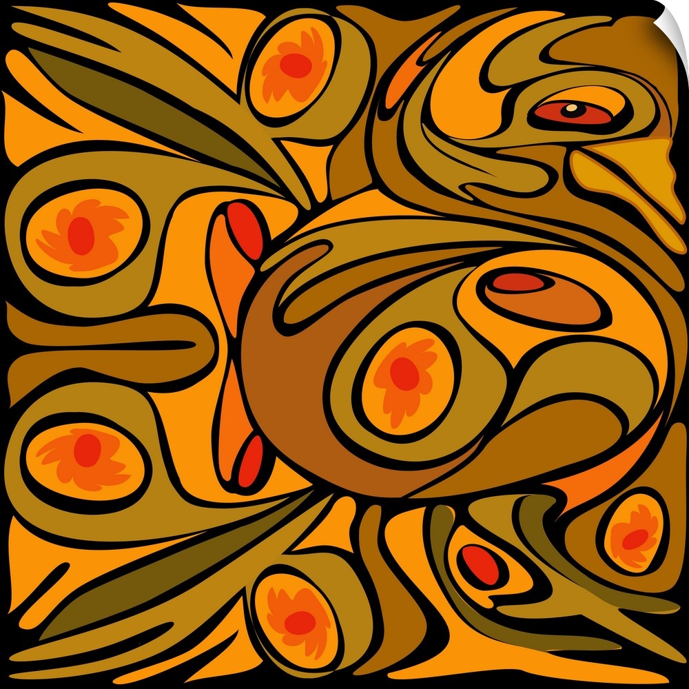 A square design of abstract curved shapes and floral patterns within circles in shades of orange and brown.