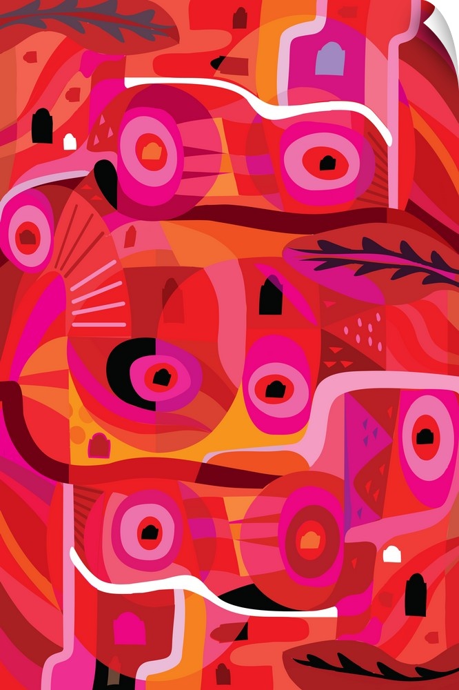 A digital abstract design with circular shapes in vibrant shades of pink and red.