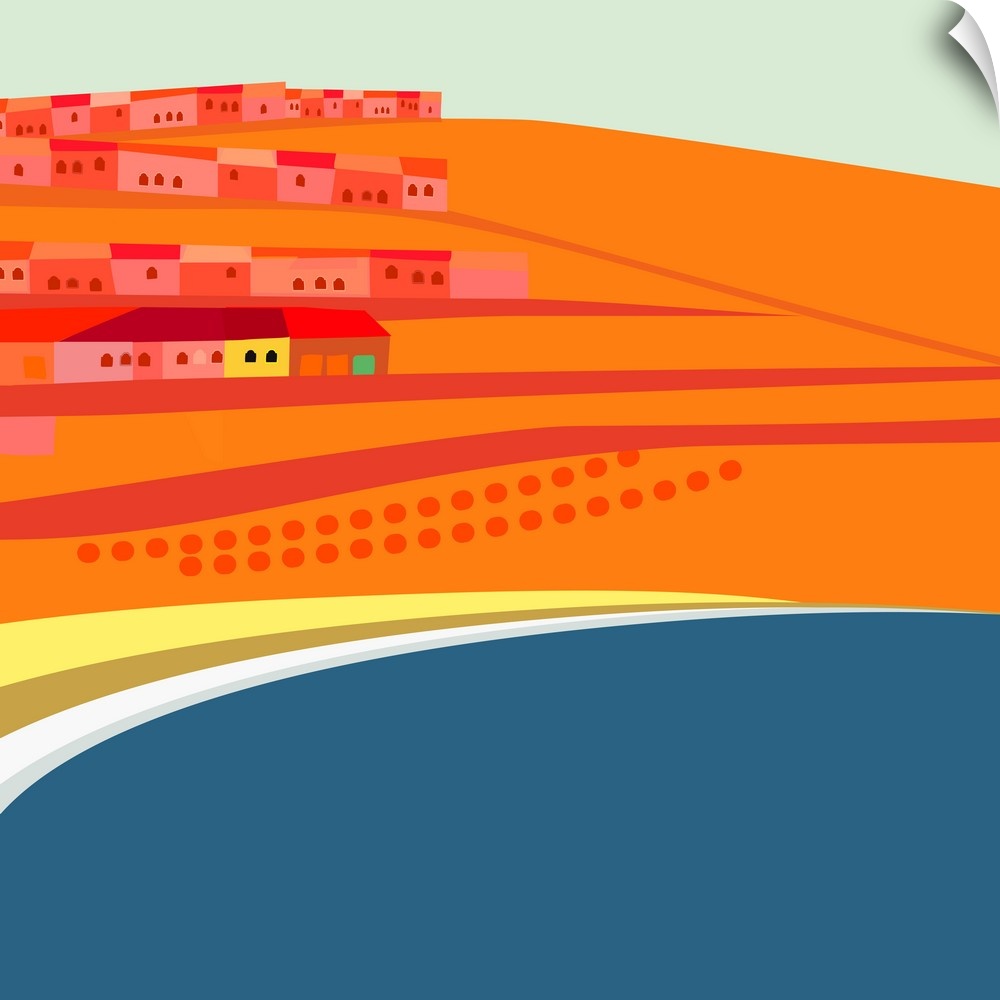 Artistic digital illustration in hues of vibrant orange of Rosarito Beach in Mexico.