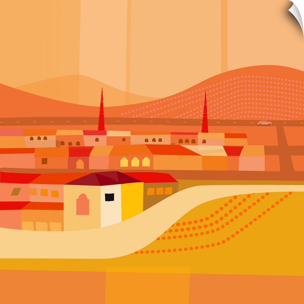 Vibrant modern illustration of Sonoita, AZ in various shades of orange and yellow.