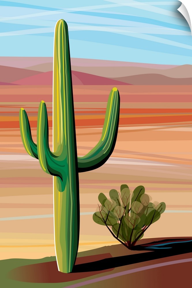 Digital illustration of two different cacti in the middle of the desert.
