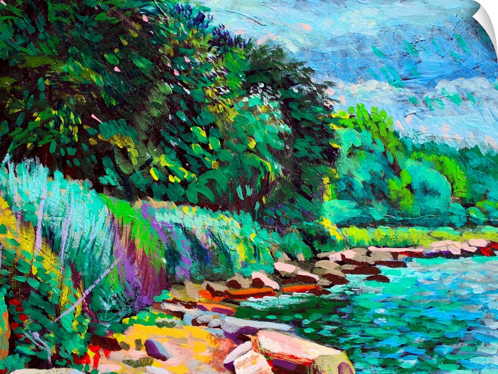 This contemporary artwork is a painting of a natural stretch of shoreline in summertime along Hudson River, New York/New J...