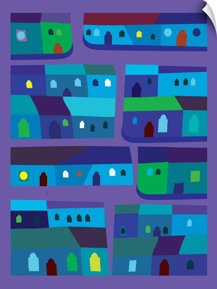 A digital illustration of colorful rows of houses in shades of blue of the neighborhood of Tepito in Mexico City.