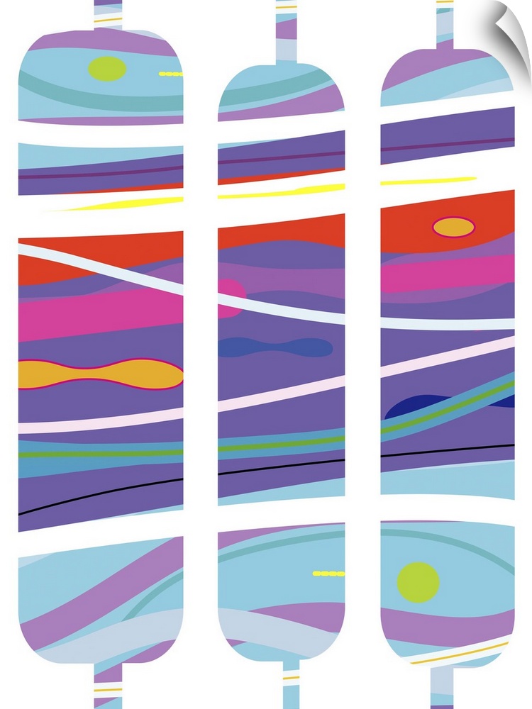Abstract shapes aquamarine pattern, vertical with purple, pink, cool colors like guatemalan textiles.