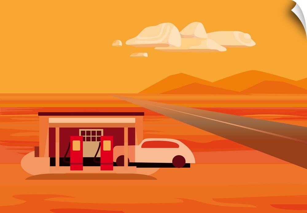A digital illustration of a gas station in a desert area of Nevada.