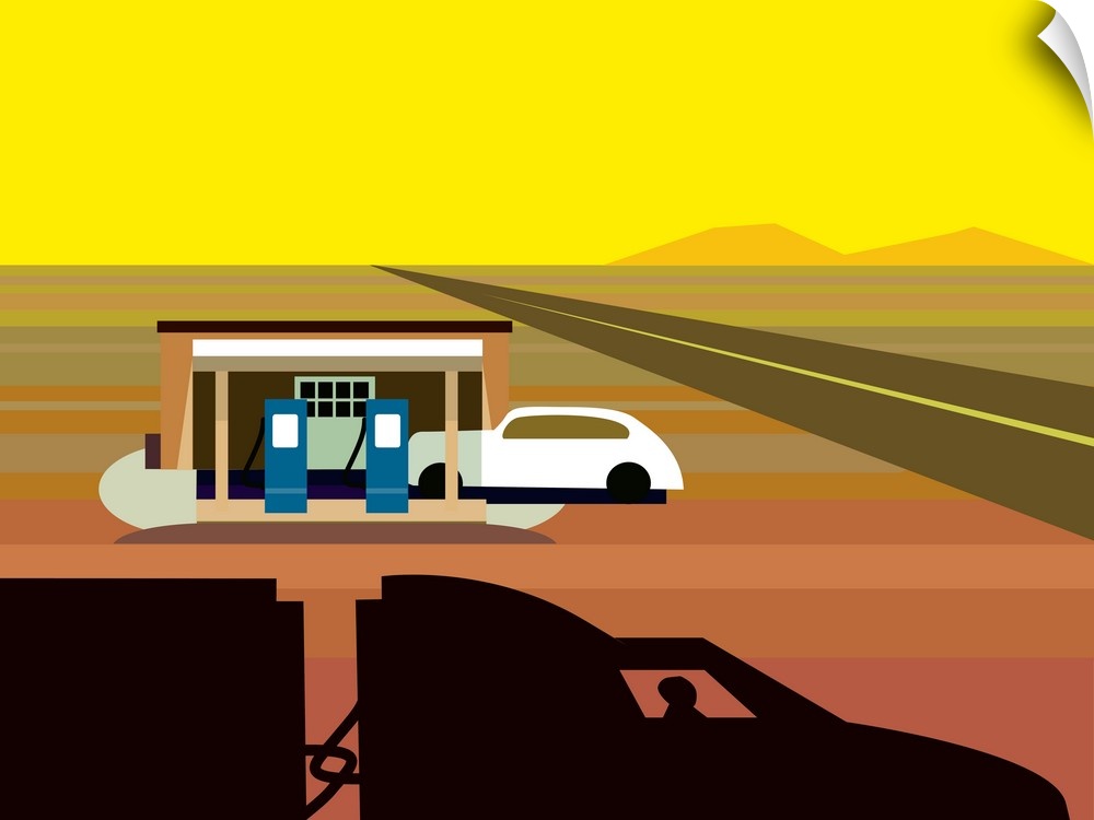 A digital illustration of a gas station in a desert area.