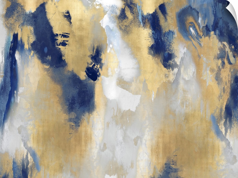 A large, horizontal abstract painting in shades of indigo and gold. This statement piece of art would look outstanding in ...