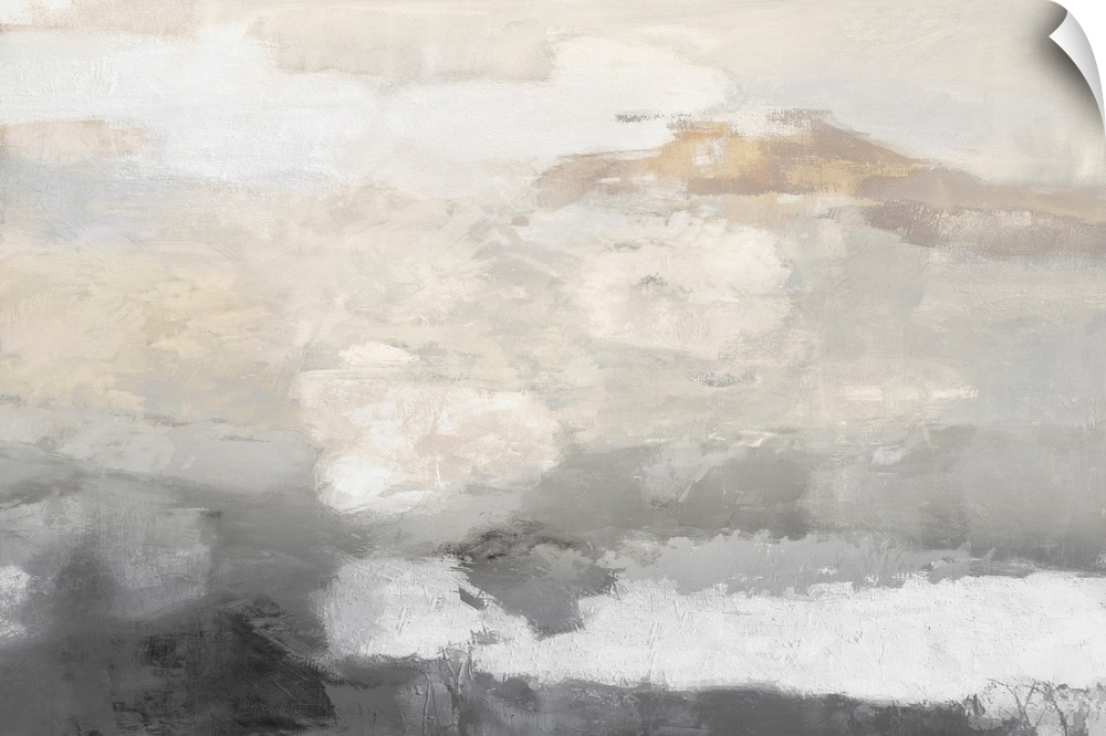 A contemporary abstract painting that resembles a sky with clouds in neutral shades of white, brown, taupe and grey