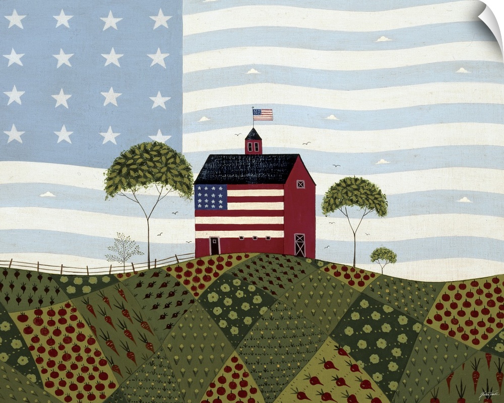 Horizontal folk art on a large canvas of a red barn on a hill, an American flag at the top and painted on the side.  Vario...