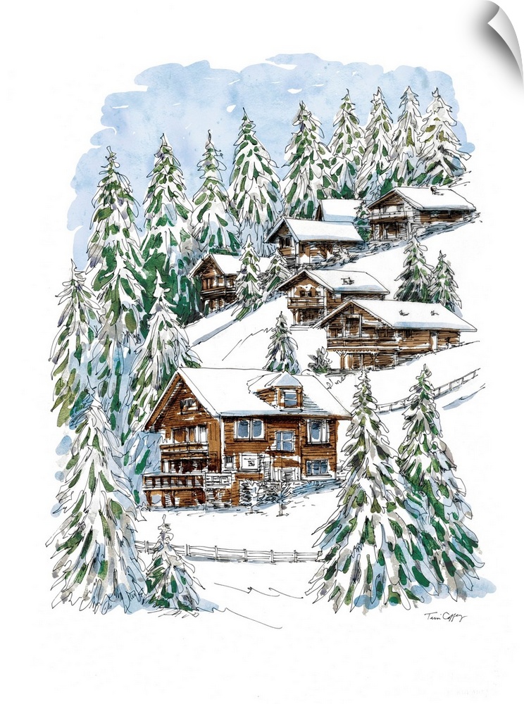 A lovely pen and ink rendering of an Alpine chalet vista