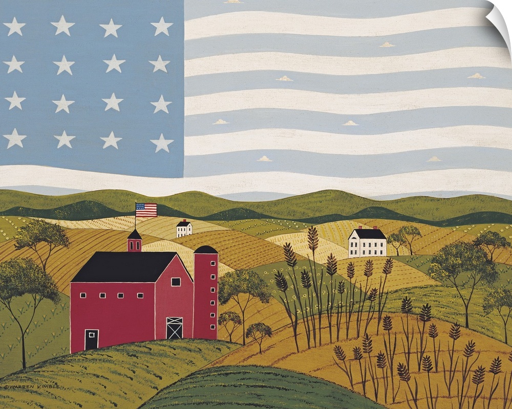Painting on canvas of a countryside with an American flag flying on top of a barn as well has in the sky.