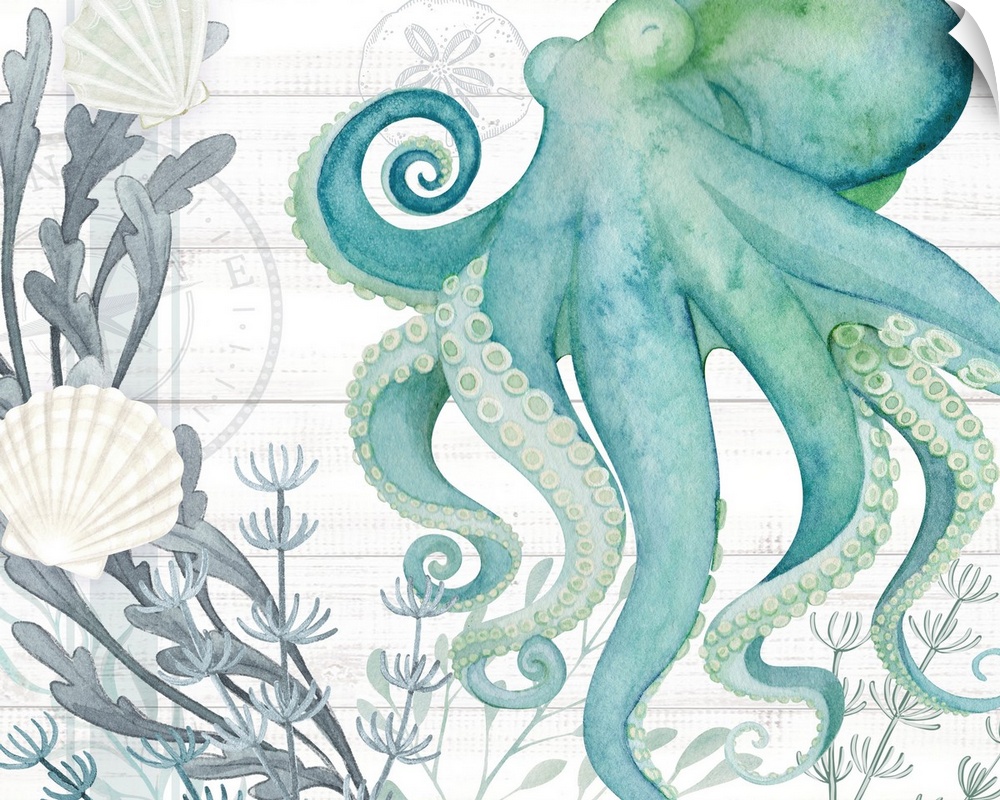 Swirling arms of the mystical octopusoin a sea-glass tone for your beach decor!