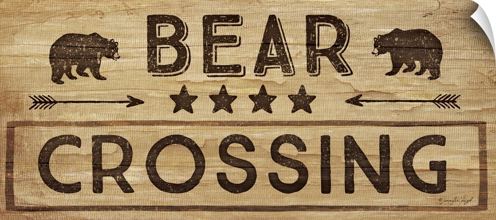 Contemporary cabin decor artwork of a wooden sign for Bear Crossing.