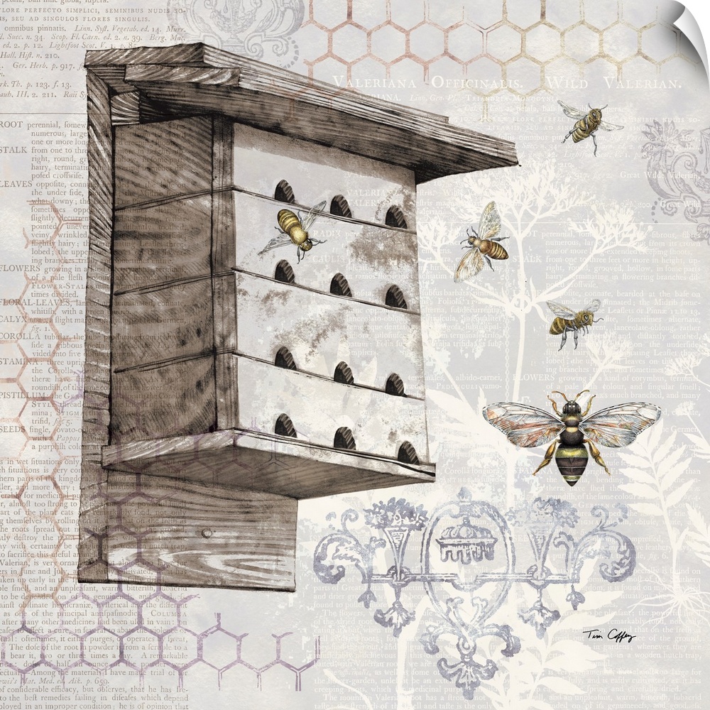 A classic and elegant botanical of a bee house in a soft neutral palette.
