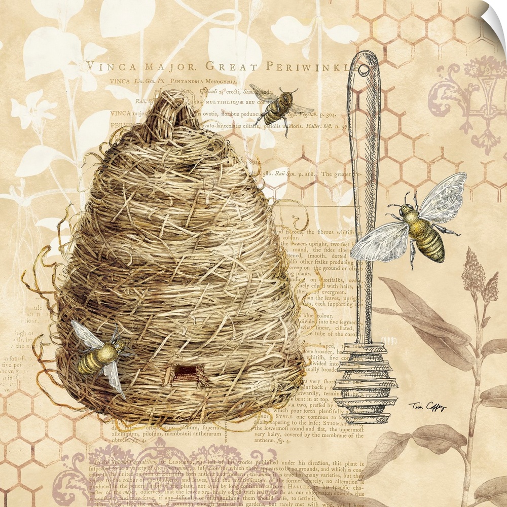 A classic and elegant botanical of a bee skep and honey dipper in a soft neutral palette.