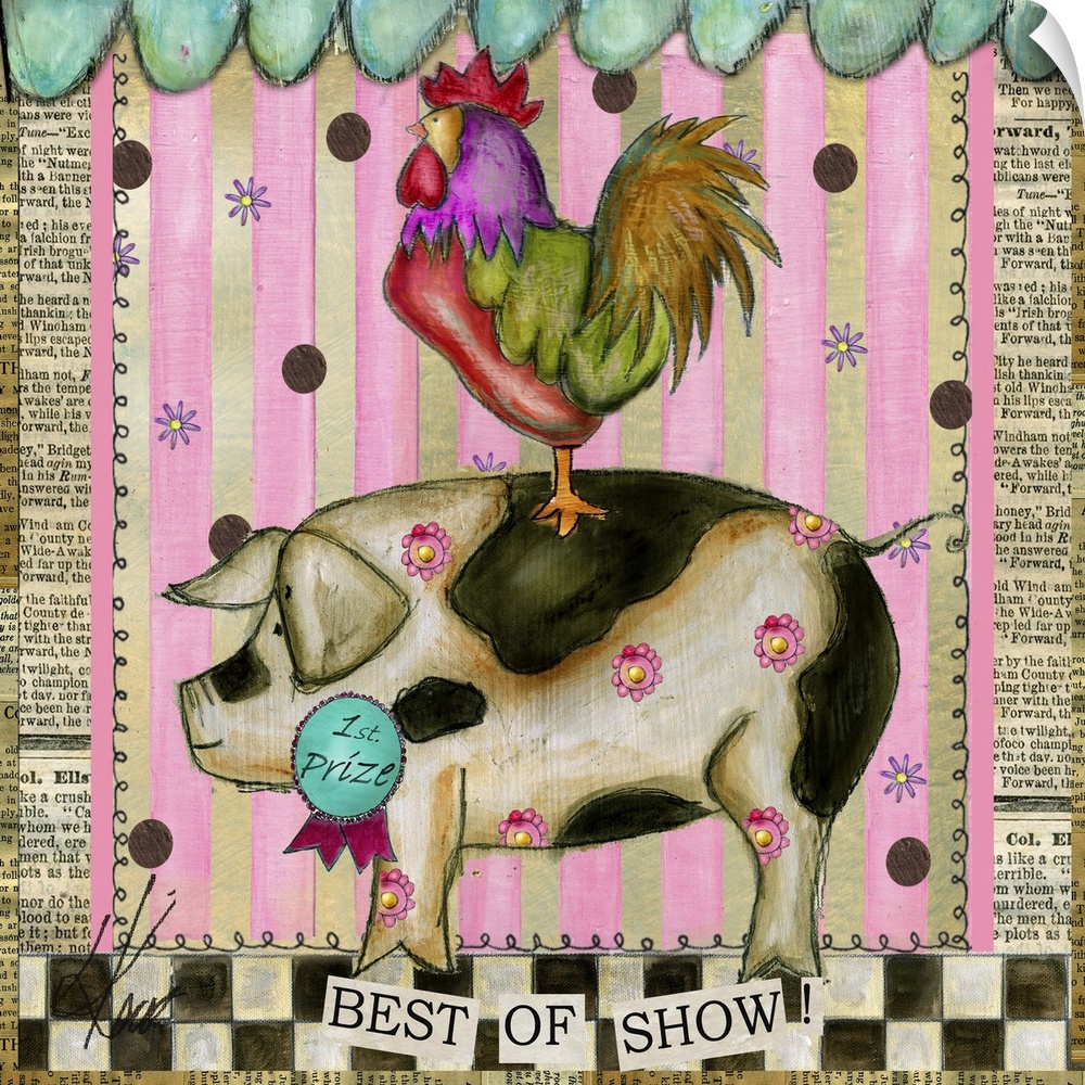 Whimsical Rooster on Pig fair winner, art, Lisa Kaus