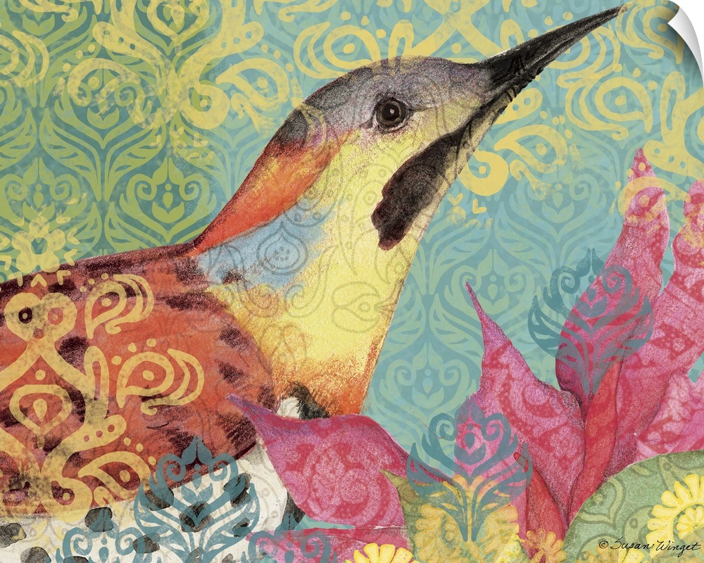 Boldly colored and patterned bird makes an impacting, decorative statement.