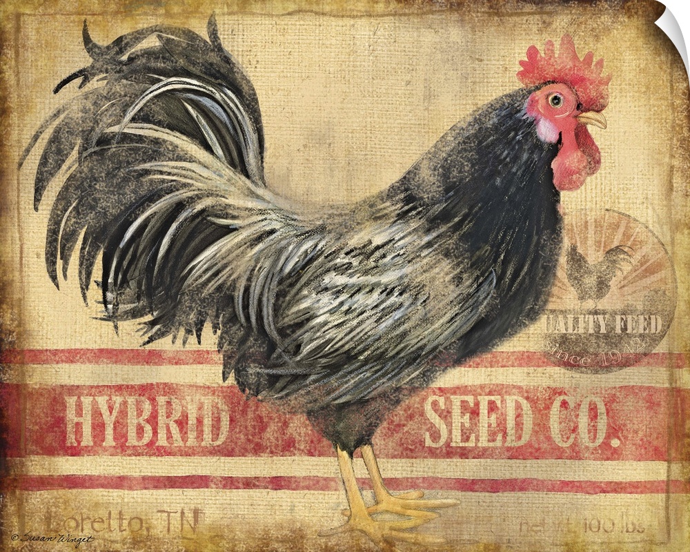Sophisticated country rooster on burlap seed bag treatment