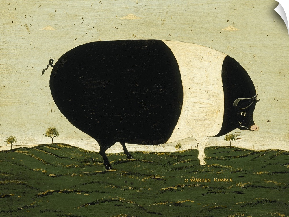 Americana farm animal scene by a renowned folk artist.  A huge striped pig is grazing in a meadow with small trees in the ...