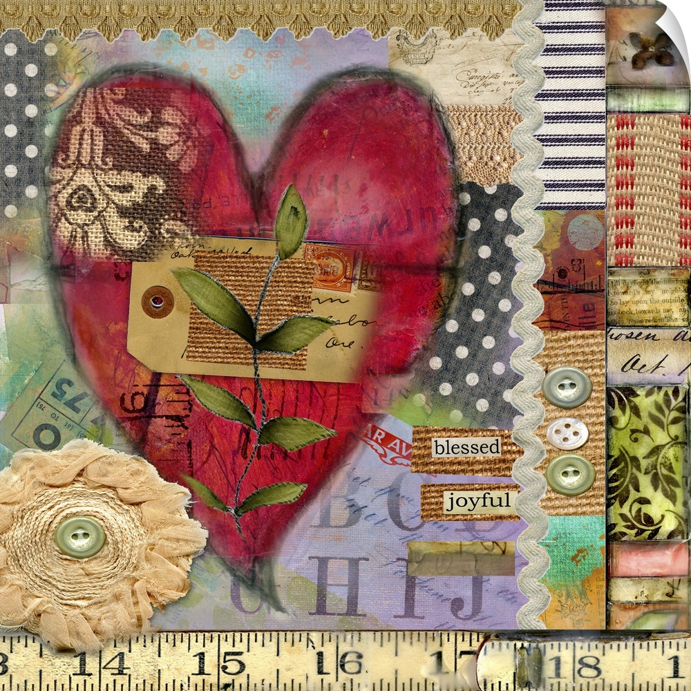 Vintage heart ephemera collage with textural feel, beautiful for any room