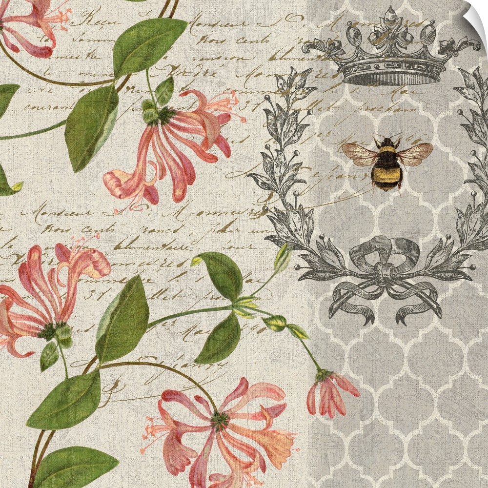 Exquisite floral with bee in on-trend color palette.