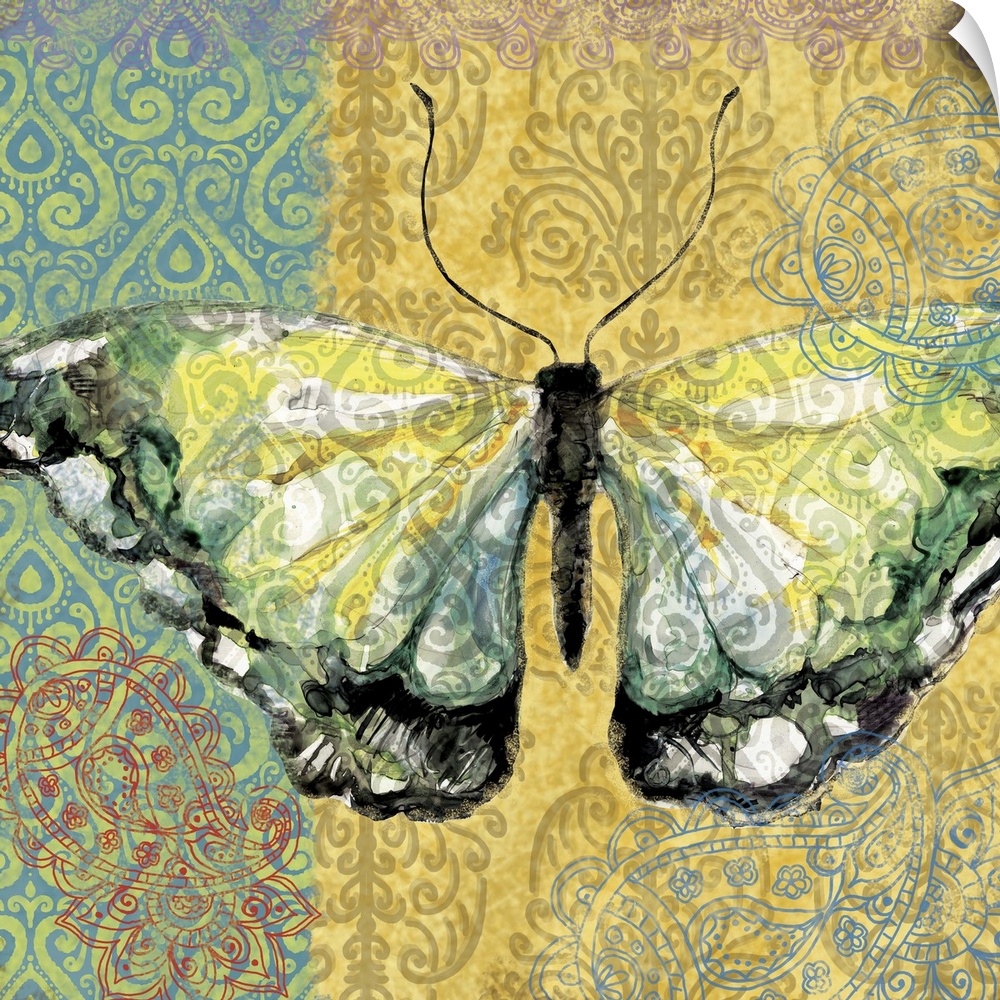 Yellow and green butterfly on colorful ornate background