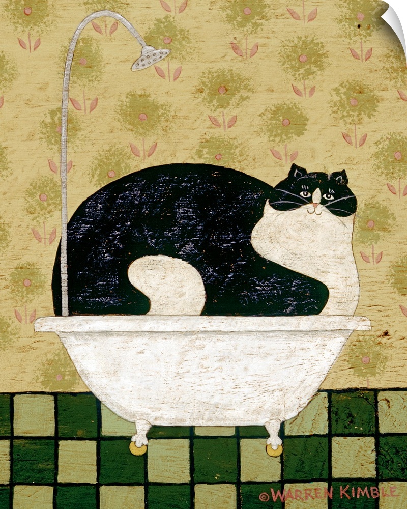 Whimsical country bathroom artwork of a very large cat taking up an entire bath tub with a tiled floor and wall paper behi...