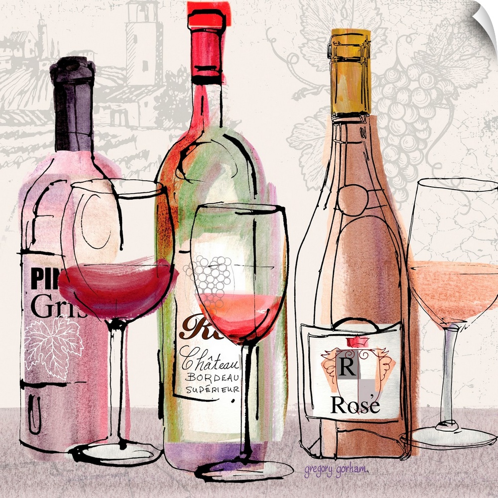Loosely styled rendering of wine vignette offers casual take on this popular theme.