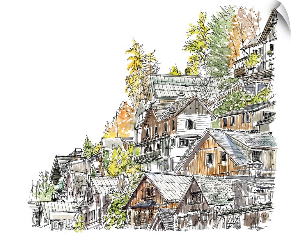 A lovely pen and ink depiction of a European cliffside village