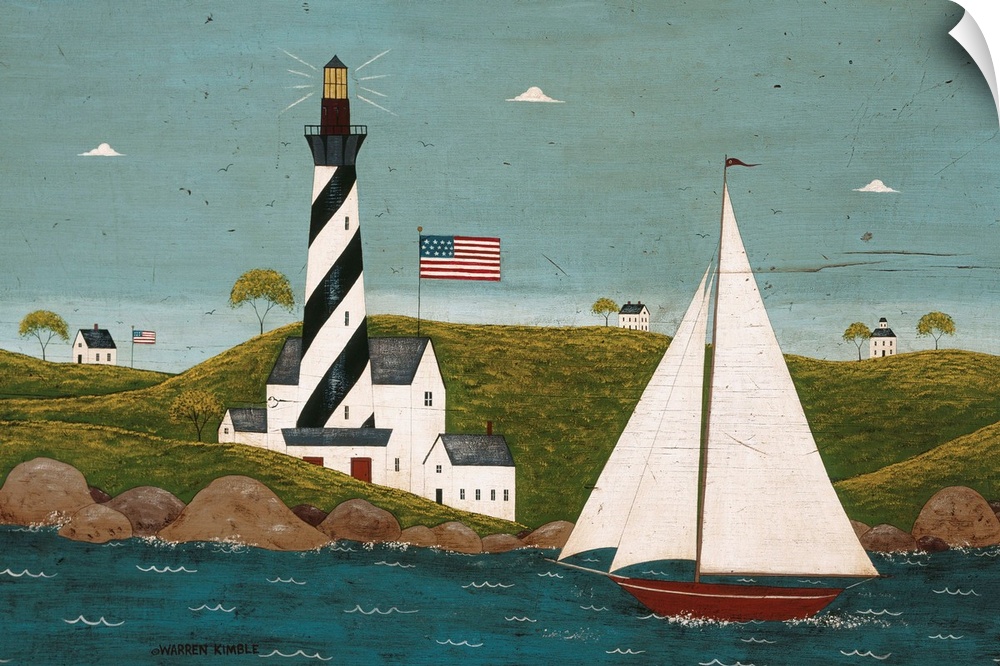 Folk art of a striped lighthouse on a hilly shore with an American flag, watching over a large white sailboat, three small...